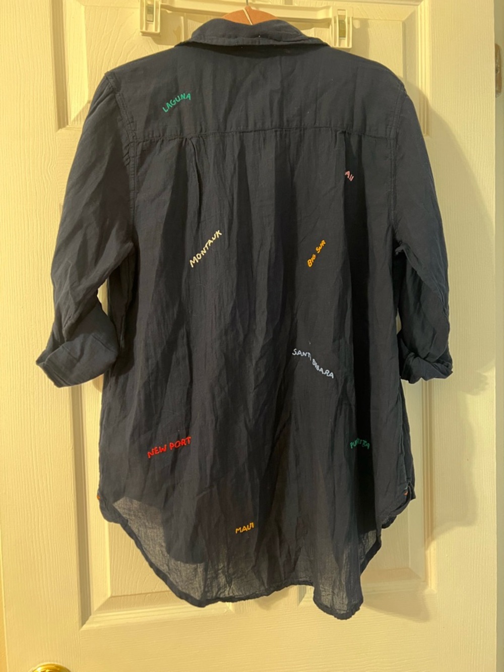 Sundry Navy  Lightweight Button-Up Shirt With Embroidered Destinations - Picture 2 of 7